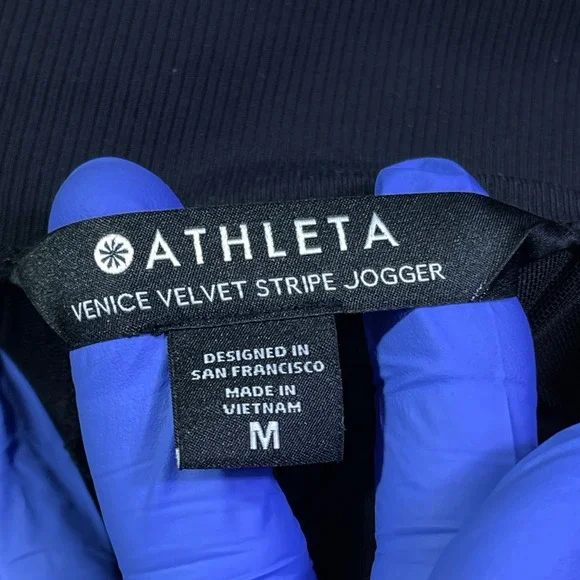 Athleta Venice Velvet Stripe Jogger Black Womens Size M Ribbed Waist Zip Pockets - Picture 12 of 16